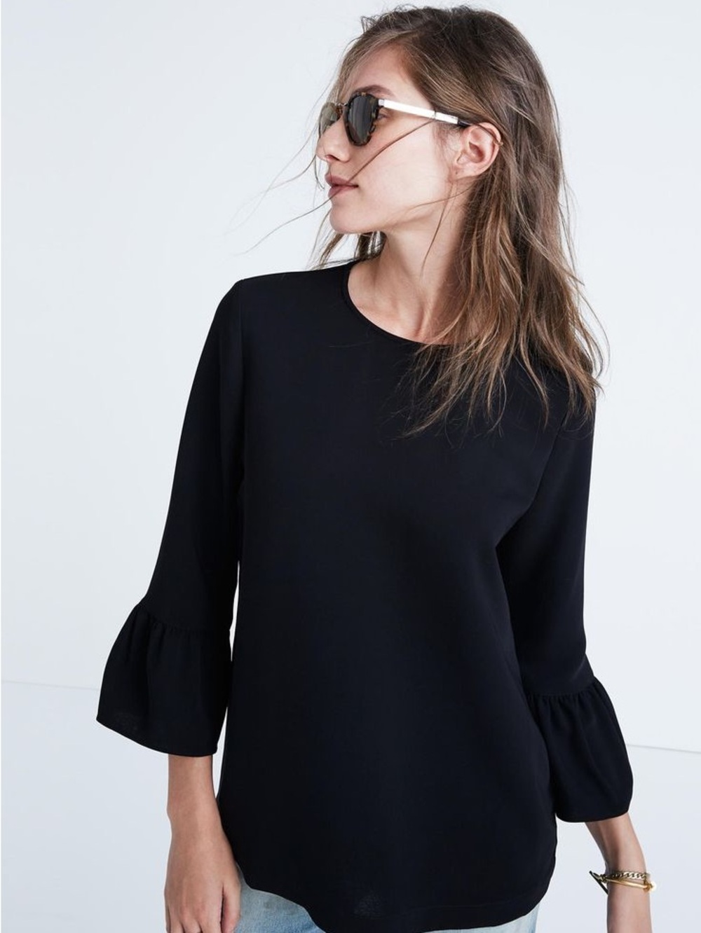 Madewell Black Bell-Sleeve Crewneck Blouse